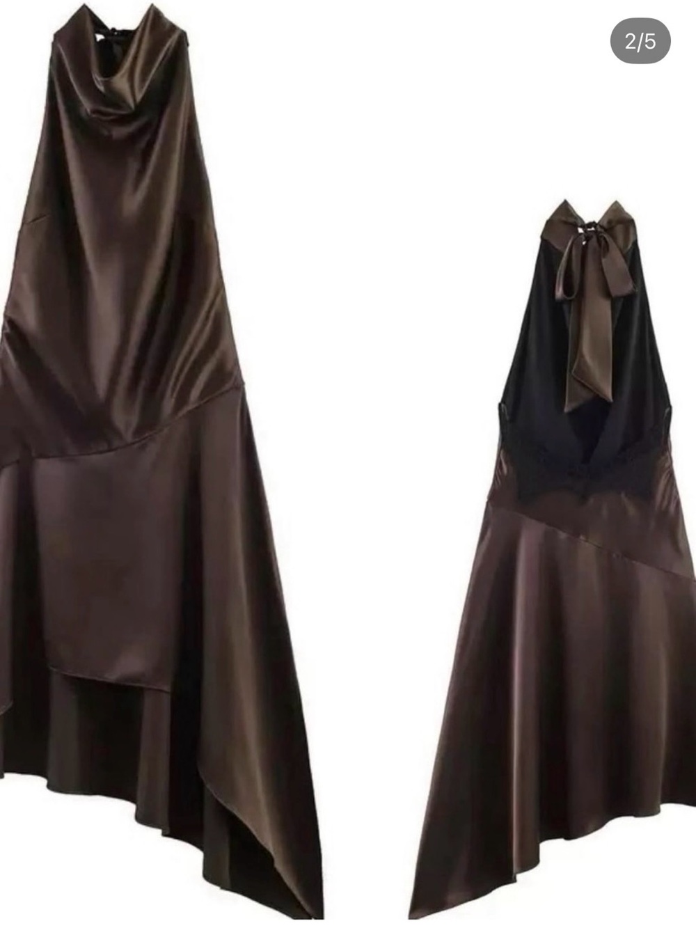 Zara Brown Satin Cowl Halter High-Low Dress